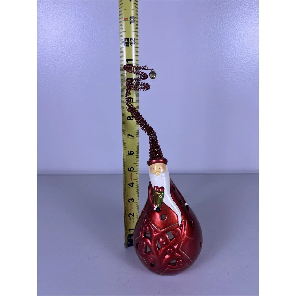 Pier 1 Santa Claus Tea Light Candle Holder Metallic Red Ceramic Figurine Bell